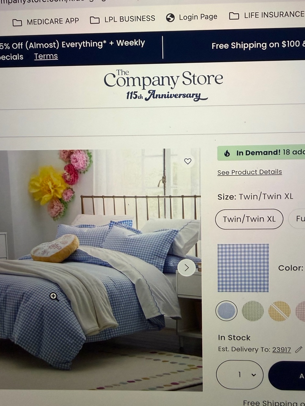 The Company Store Blue Gingham Twin Duvet cover